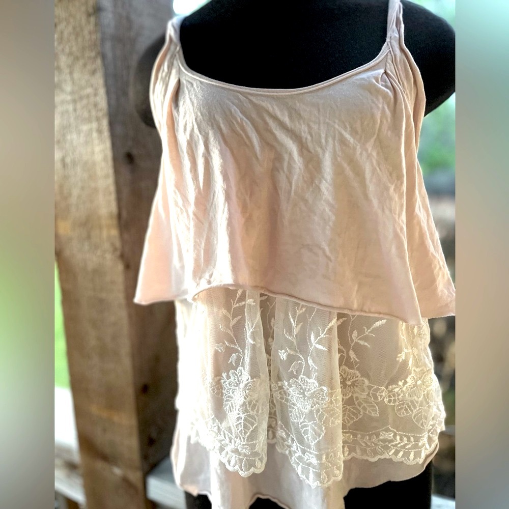 Free People Pink/Ivory Soft Knit Twisted Straps Racerback Tiered Tank Top Small - Picture 1 of 8